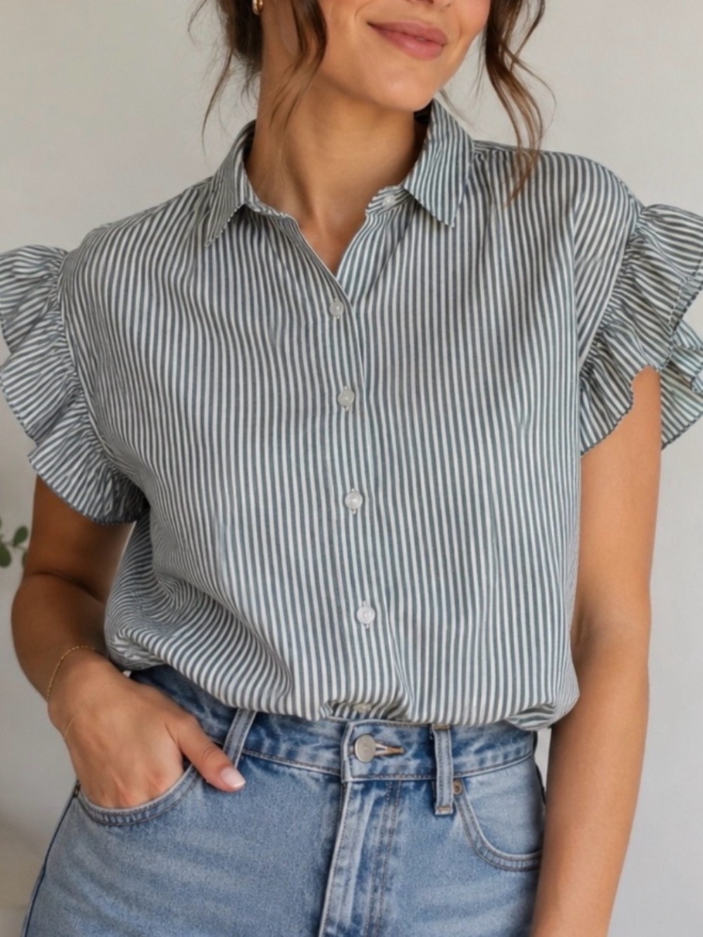Lola Rivers Striped Ruffle Sleeve Collared Button-Down Top - Green
